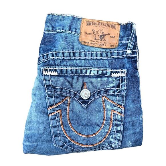 TRUE Religion Jean Shorts Size 34 RICKY SUPER T Blue - Picture 1 of 5